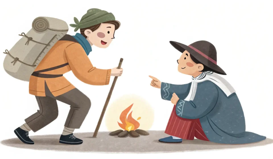 How to Ask for a Lighter in Korean While Hiking Korean learning image for A hiker asking a stranger for a lighter to start a campfire.