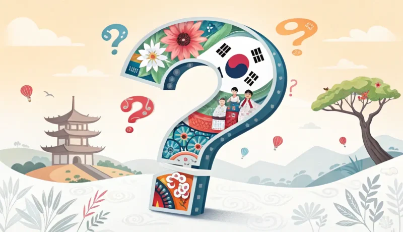 Asking About Korean Culture Stylized question mark blended with colorful Korean cultural symbols like a palace roof and blossoms...