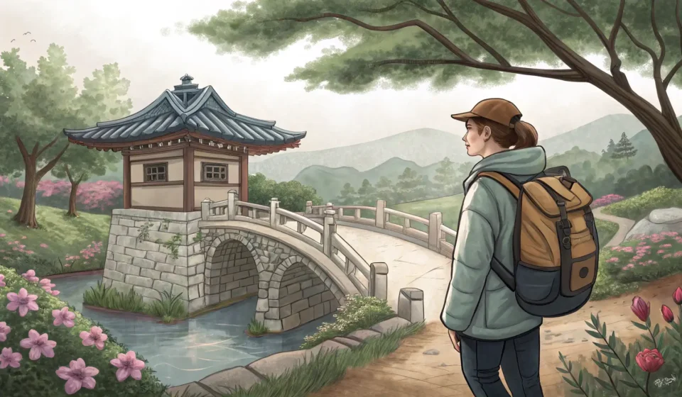 How to Ask About a Bridge’s Quirky History in Korean A tourist interacting with a Korean local near a small bridge, illustrating how to ask about a bridg...