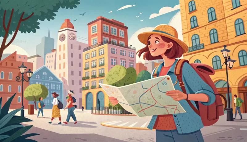 How to Ask for Help on the Street in Korean Illustration of a tourist asking a local for directions on a street in Korea, symbolizing how to ask...