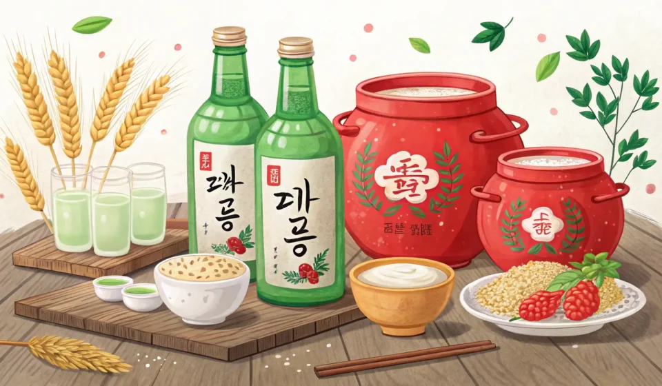 How to Ask for Alcohol Recommendations in Korean A selection of Korean alcoholic drinks, including soju and makgeolli, arranged on a wooden table, re...