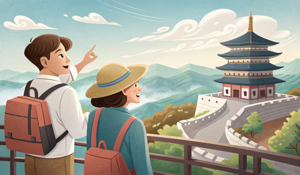 How to Ask About a Bridge’s Construction History in Korean A tourist asking a Korean guide about the history of a famous Korean bridge, with the bridge promine...