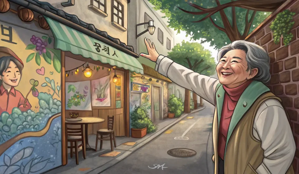 Finding Hidden Gems: Asking About Courtyards with Fountains in Korean Illustration showing a tourist asking an older Korean local for directions on a traditional Korean s...