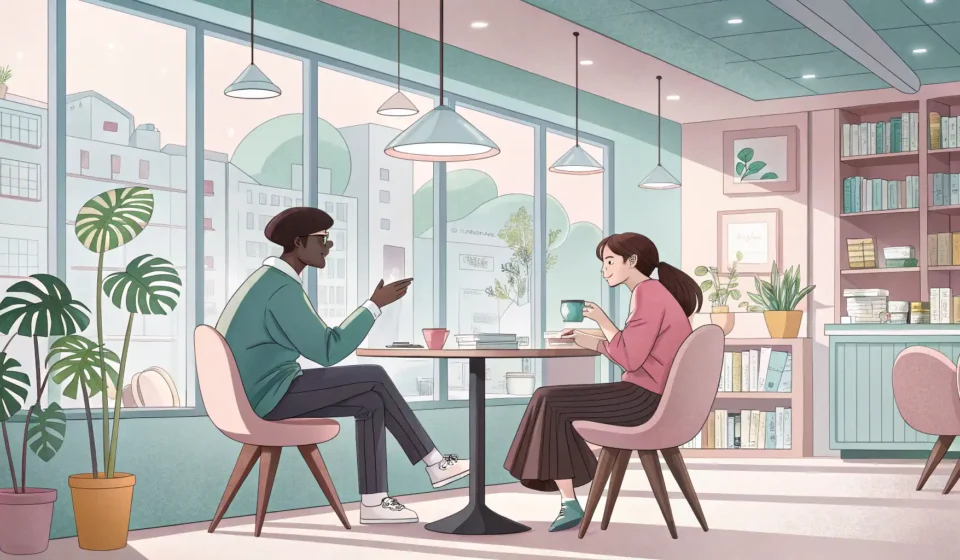 How to Ask for Korean Pronunciation Correction Illustration of two people in a Korean cafe; one person appears to be asking for help with pronuncia...