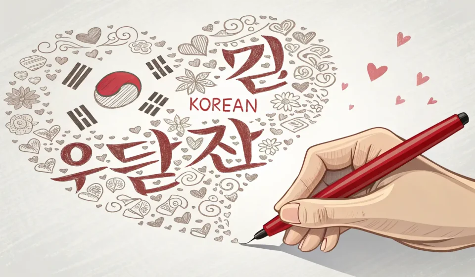 How to Ask for Korean Proofreading Illustration of a hand pointing with a red pen to correct stylized Korean writing on paper held by s...