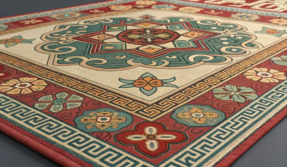 How to Ask About a Handmade Rug’s Design Story in Korean Close-up of a colorful Korean handmade rug with intricate traditional patterns, displayed at an outd...