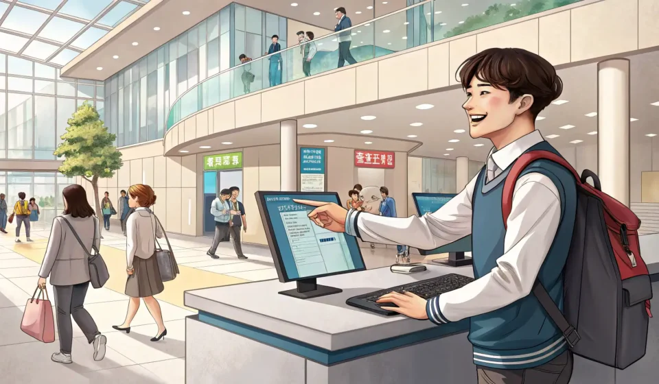 How to Ask About Tuition Payment Methods in Korean Student asking about tuition payment methods at a Korean university administration office counter.