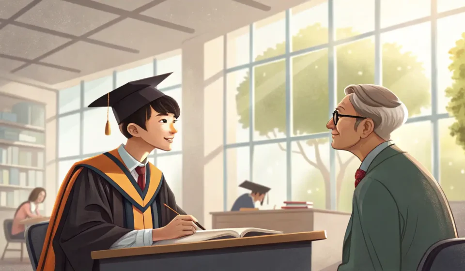 How to Ask a Professor About an AI Seminar in Korean A Korean student politely asking a question to a professor in a modern university office, symbolizin...