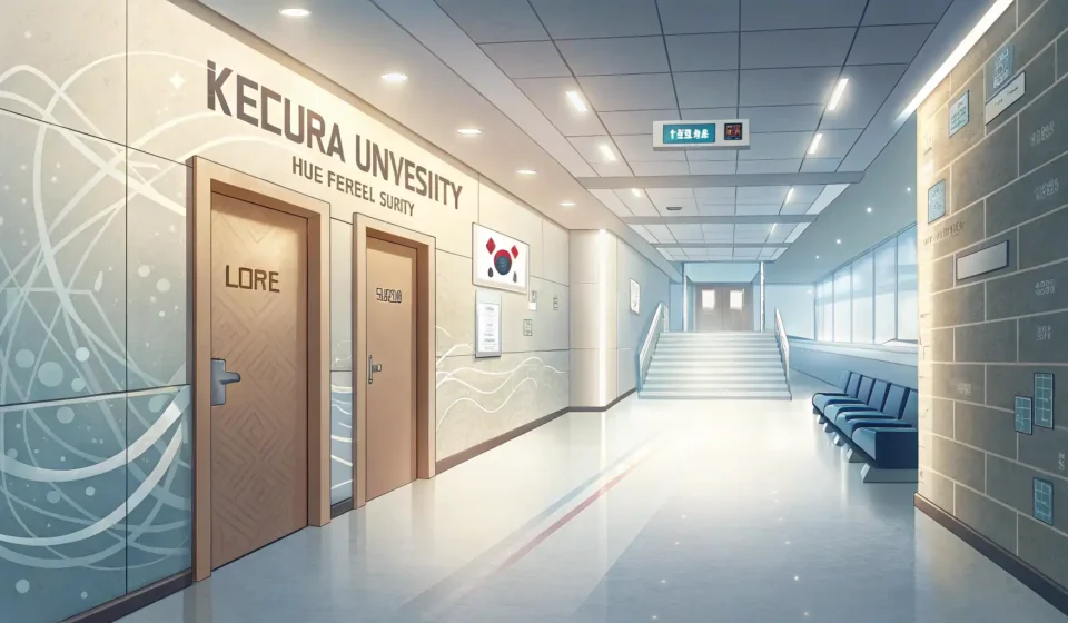 How to Ask a Professor About a Data Science Seminar in Korean Modern Korean university hallway with abstract data patterns, symbolizing a student inquiring about...