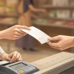 How to Talk About Planning a Kayaking Trip by the Lake in Korean Customer's hand receiving a paper receipt from a cashier, symbolizing how to ask for a receipt in Ko...