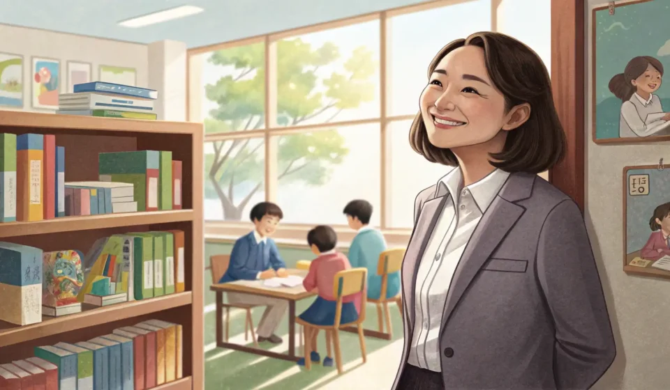 How to Ask a Teacher About an After-School Book Club in Korean Illustration of a Korean student speaking respectfully to a teacher in a classroom setting with book...