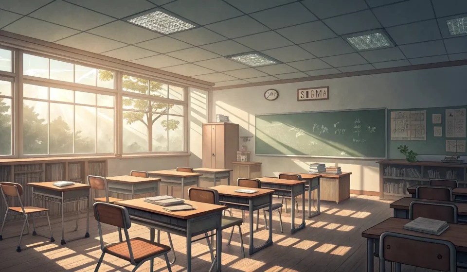 How to Ask a Teacher About a Math Competition in Korean Empty Korean classroom after school with math symbols on the blackboard, symbolizing a student askin...