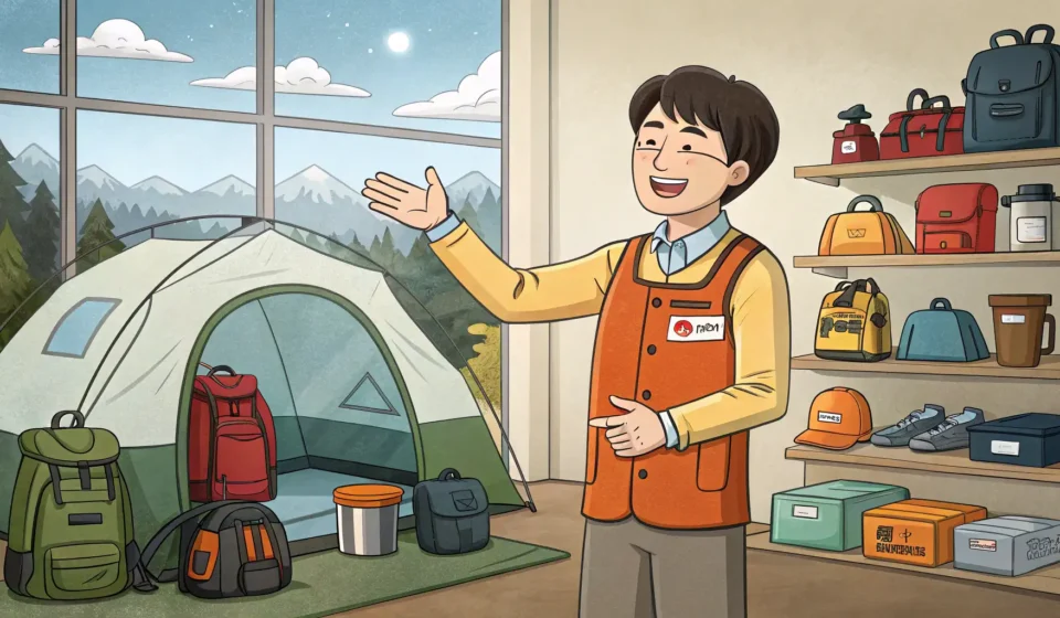 How to Ask About a Specific Sale in Korean Illustration showing a shopper interacting with a clerk near camping tents in a Korean store, repres...