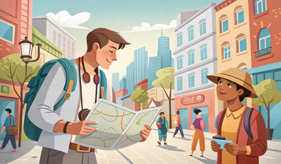 Finding a Historic Fountain in Korea Illustration showing a tourist asking a local for directions to a historic fountain in a Korean gard...