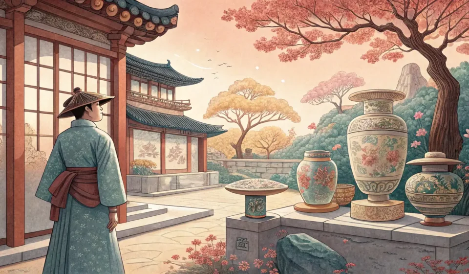 Asking About Korean History in Korean A person thoughtfully observing ancient Korean artifacts, symbolizing the act of asking questions an...