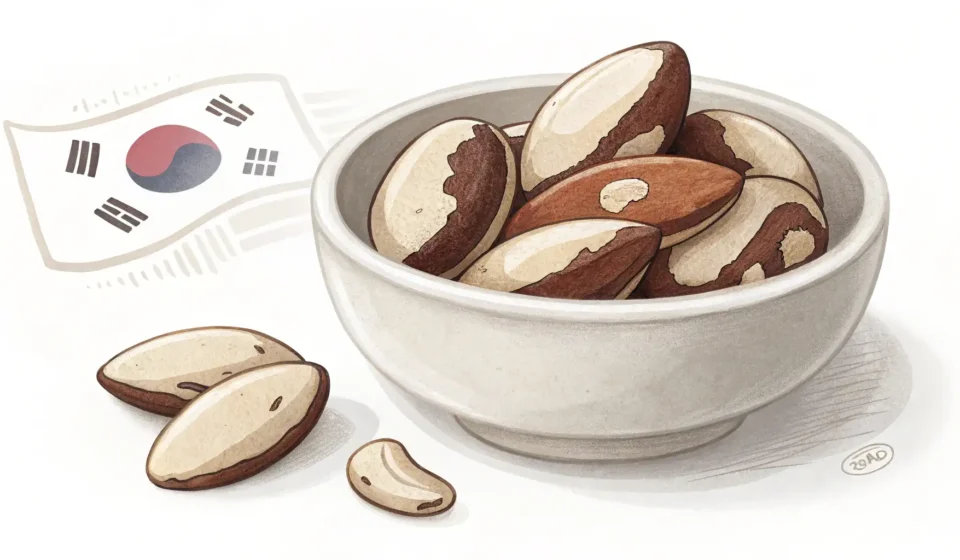 How to Say Brazil Nut in Korean A small Korean ceramic bowl filled with shelled Brazil nuts, viewed from above on a neutral surface.