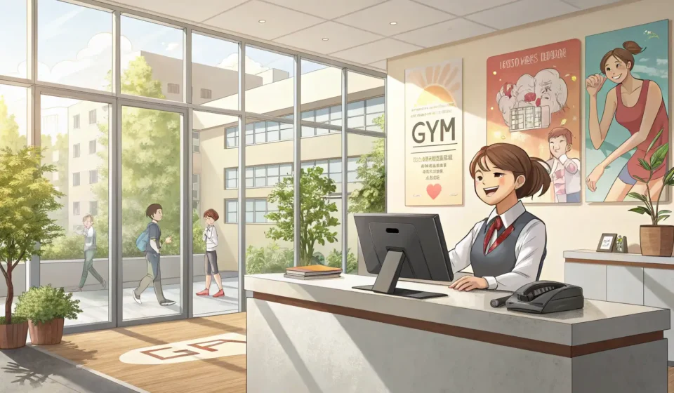 How to Buy a Gym Membership in Korean Person receiving a membership card at a modern gym reception desk, illustrating the process of buyin...