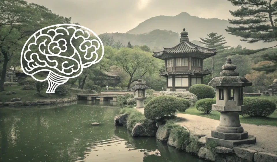 How to Say Cognitive Therapy in Korean Stylized brain icon representing cognition, overlaid on a peaceful Korean temple garden, symbolizing...