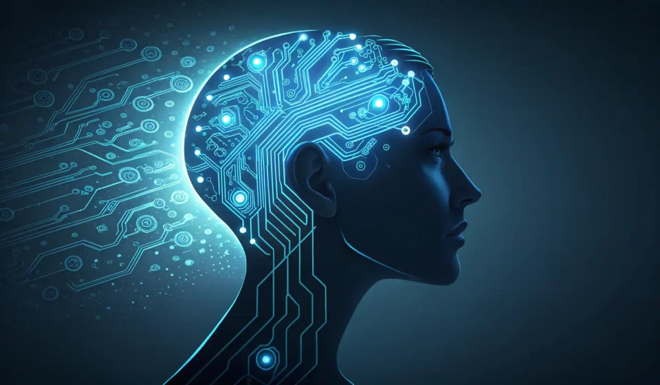 Expressing Complex Sci-Fi Concepts in Korean Stylized head silhouette blending glowing digital circuits with traditional Korean patterns, symboli...