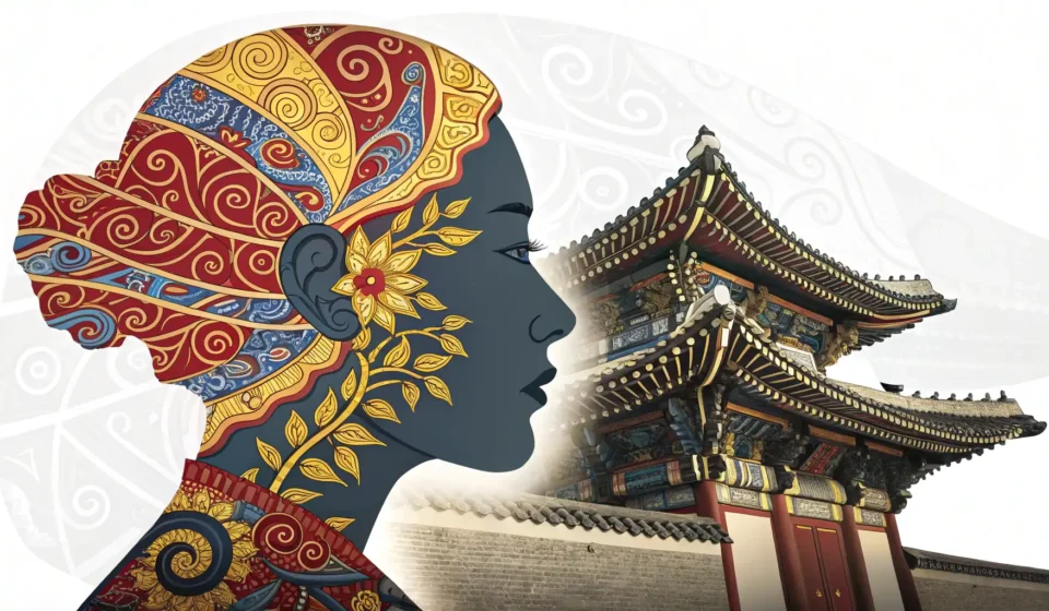 Discussing Complex Concepts: Robots, Cyborgs, and Emotions in Korean Symbolic head silhouette merging traditional Korean patterns with futuristic circuit board designs,...