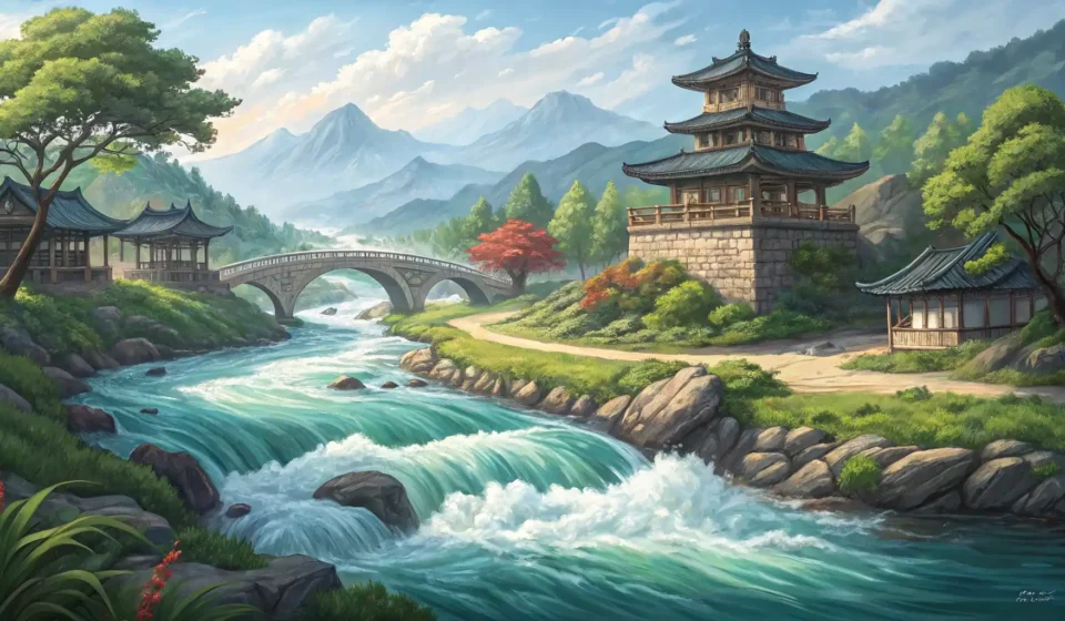 How to Express “A Sentient River Debating a Bridge Guard About Flowing with Fish Freedom Tide Paths” in Korean Stylized image of a vibrant Korean river flowing under a traditional bridge, symbolizing the transla...