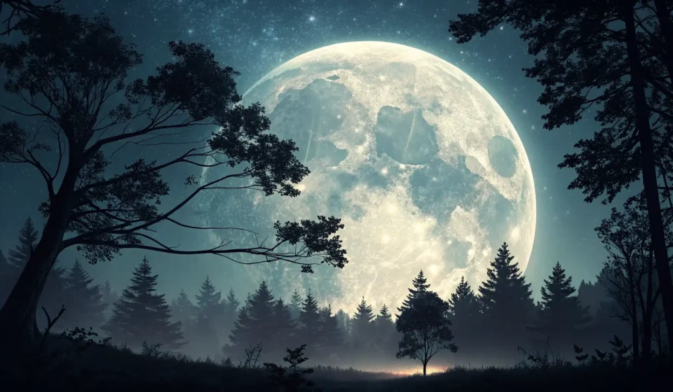 How to Discuss Lunar Orbit Myths Between a Vampire and Werewolf in Korean A large moon shines over a traditional Korean roof silhouette, symbolizing learning complex or fanta...