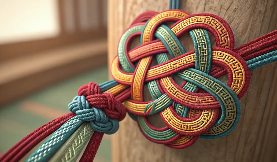 How to Say ‘A Werewolf Tailor Asking a Vampire About Stitching Midnight Dusk Cloaks’ in Korean Intricate traditional Korean knots (Maedeup) being tied against a midnight-dusk gradient background,...