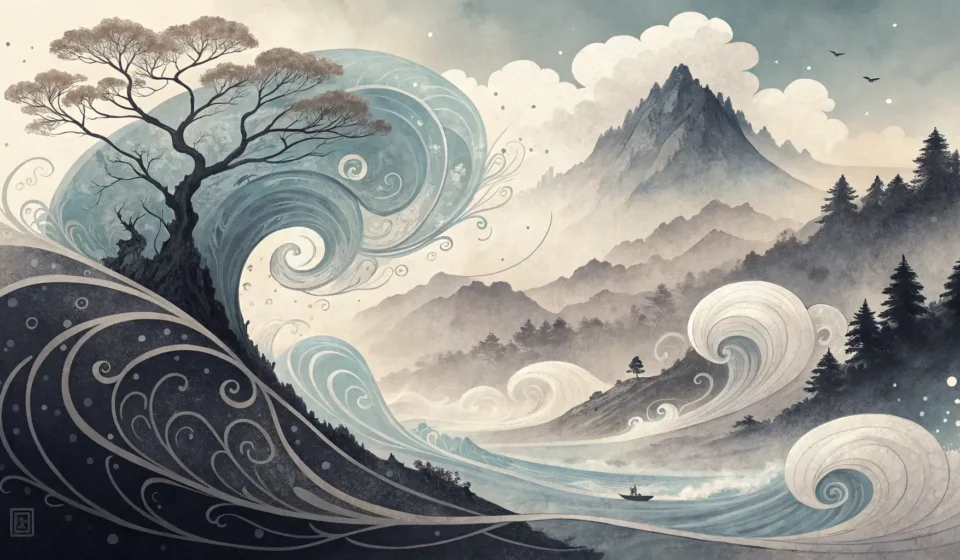 How to Express Complex Artistic Concepts Like “Mermaid Sculptor and Sea Glass” in Korean Abstract Korean ink wash style artwork with swirling shapes suggesting waves and glowing light, symb...