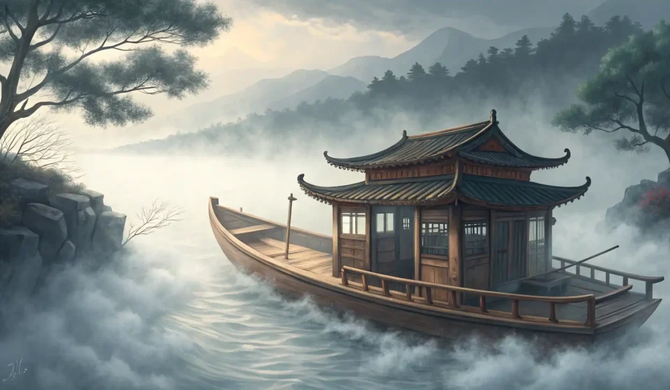 How to Say “A Sentient Fog Negotiating with a Sailor for a Misty Embrace Glow Path” in Korean Atmospheric painting of a traditional Korean boat navigating thick fog near a coastline, with a subt...