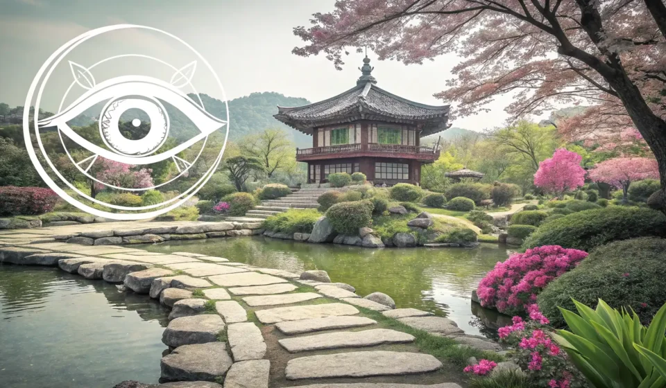 How to Say Corneal Transplant in Korean Stylized eye graphic representing clarity against a peaceful Korean temple garden, symbolizing learn...