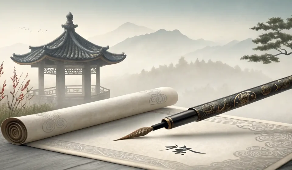 How to Say “A fairy jeweler convincing a dwarf to craft with forest dawn hum crystal gem tune designs” in Korean A traditional Korean calligraphy brush with glowing particles hovers over a scroll, symbolizing the...