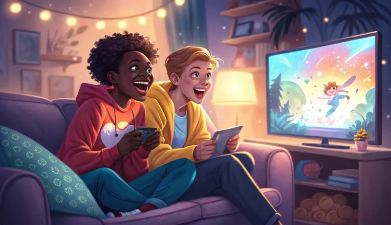 Talking About K-Dramas in Korean Illustration of two people enthusiastically watching a Korean drama on television, representing lear...