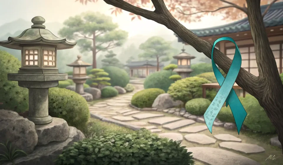 Discussing Ovarian Cancer in Korean A teal awareness ribbon tied gently around a bamboo stalk in a tranquil, soft-focus Korean garden se...