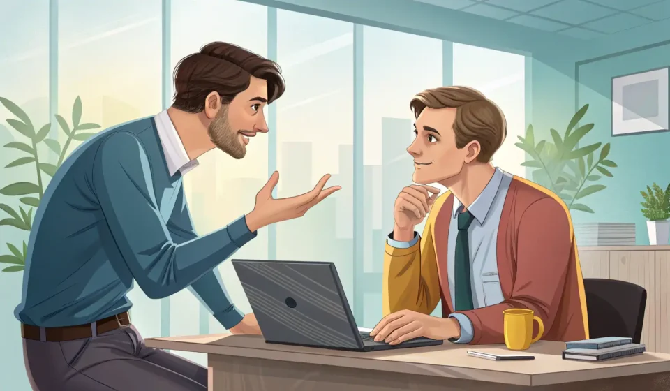 Explaining Project Delays in Korean Two colleagues in a modern Korean office discuss a project schedule issue, visually representing how...