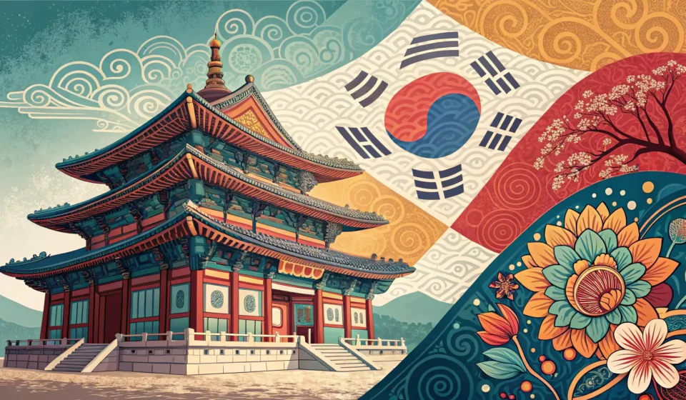 Explaining Delays to Teammates in Korean Meetings Abstract image blending traditional Korean Dancheong patterns with a disrupted modern timeline, symb...