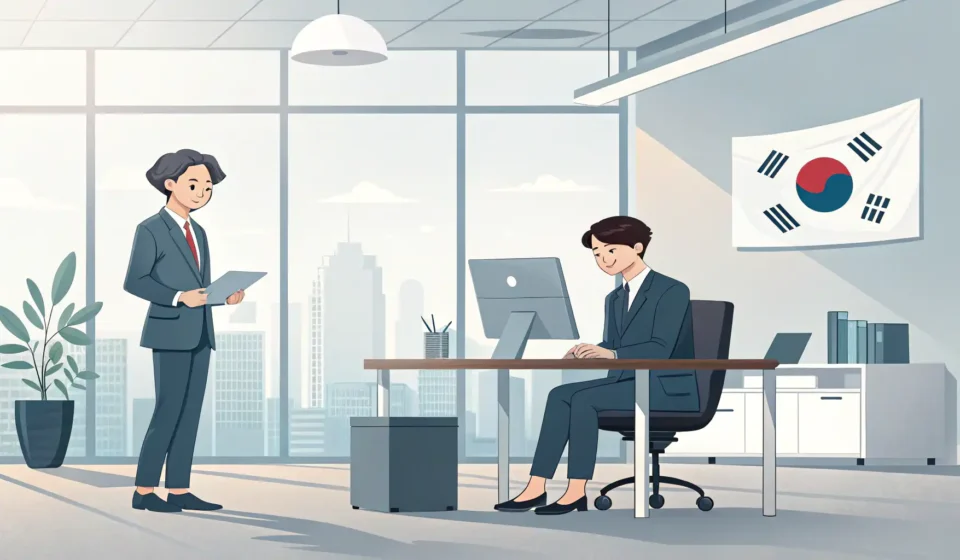 Explaining a Missed Deadline to Your Supervisor in Korean Illustration depicting a Korean employee respectfully addressing a calm supervisor in a modern offic...