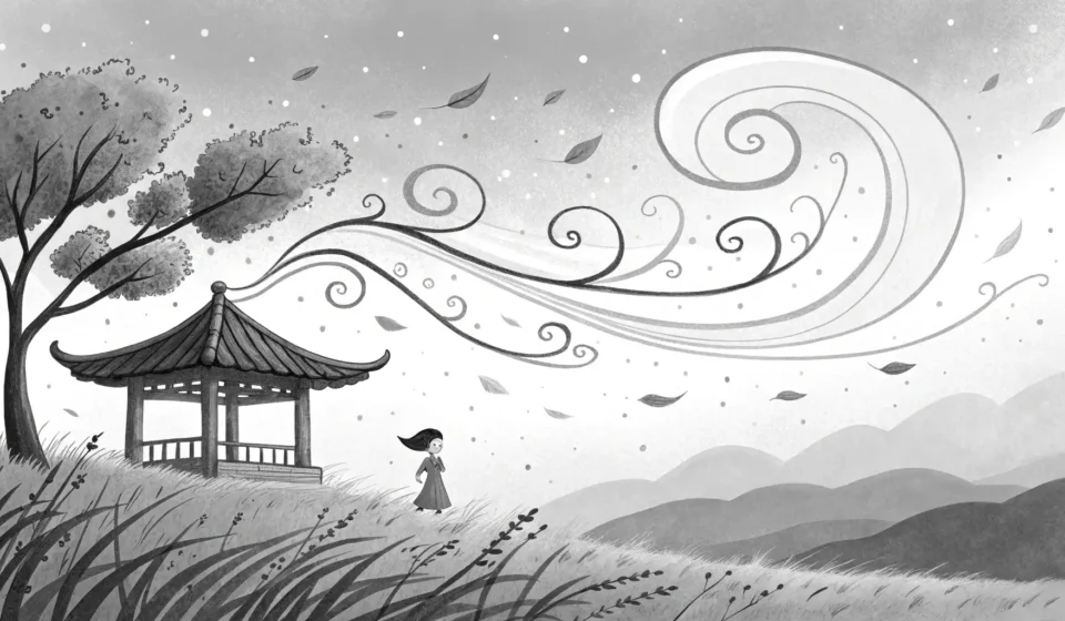 Expressing Fantastical Scenarios in Korean: The Fairy Baker and the Wind Imp Stylized Korean ink painting showing magical wind lifting dough over misty mountains, symbolizing le...