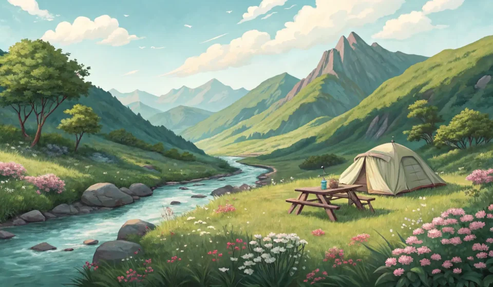 How to Express a Couple’s Argument About a Forgotten Campsite Booking in Korean Empty campsite in a Korean mountain setting with two packed backpacks sitting unused, symbolizing a...