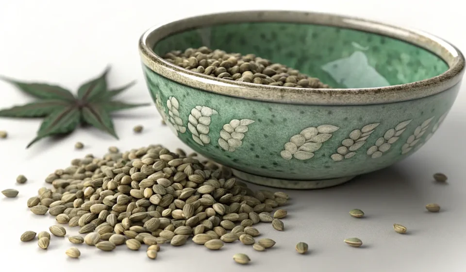 How to Say Hemp Seed in Korean A close-up view of hemp seeds in a traditional Korean celadon bowl on a wooden surface, representing...