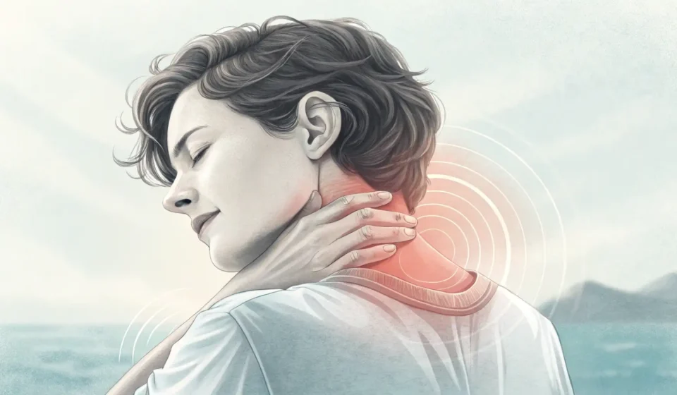 How to Say Chiropractic in Korean Illustration showing a person finding relief from neck or back discomfort, with subtle Korean design...