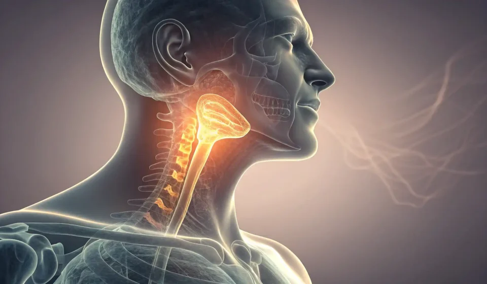 How to Say Laryngitis in Korean Stylized illustration of glowing vocal cords against a background with a subtle traditional Korean p...