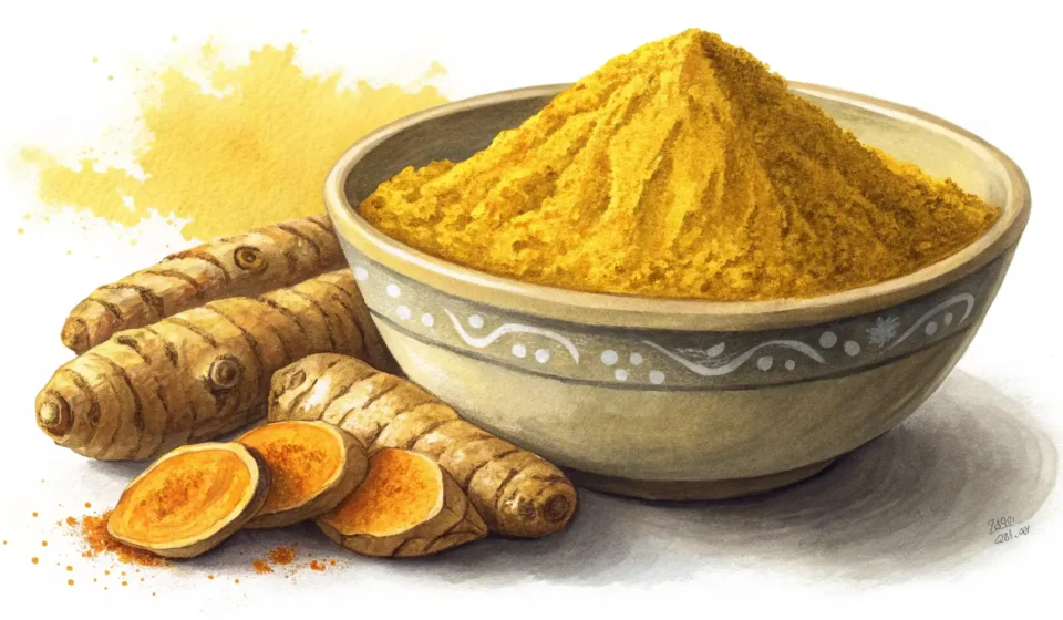 How to Say Turmeric in Korean A close-up view of vibrant yellow turmeric powder piled in a Korean ceramic bowl, placed beside raw...