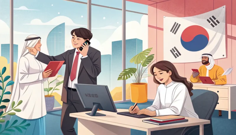Introducing Colleagues at Work in Korean Illustration showing three professionals in a Korean office, representing how to introduce colleague...
