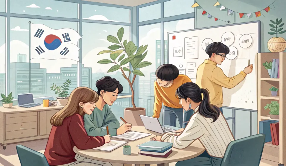 How to Join a Study Group in Korean Illustration of diverse young Korean students studying together around a table in a modern Korean ca...