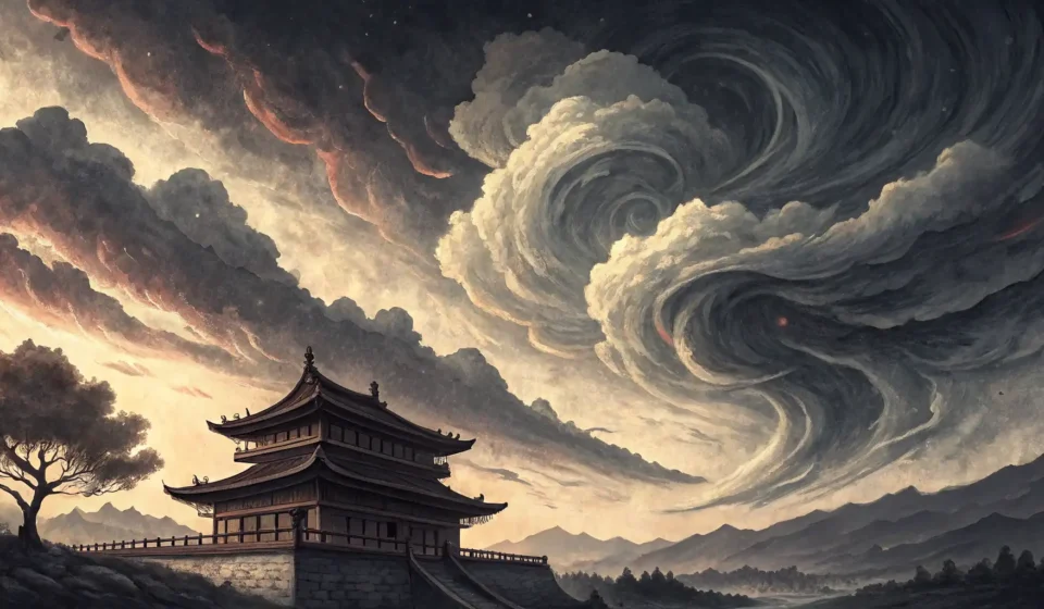 How to Express Abstract Concepts Like a Sentient Storm in Korean Korean ink painting depicting sentient storm clouds with subtle eyes gazing at a lightning rod, repr...