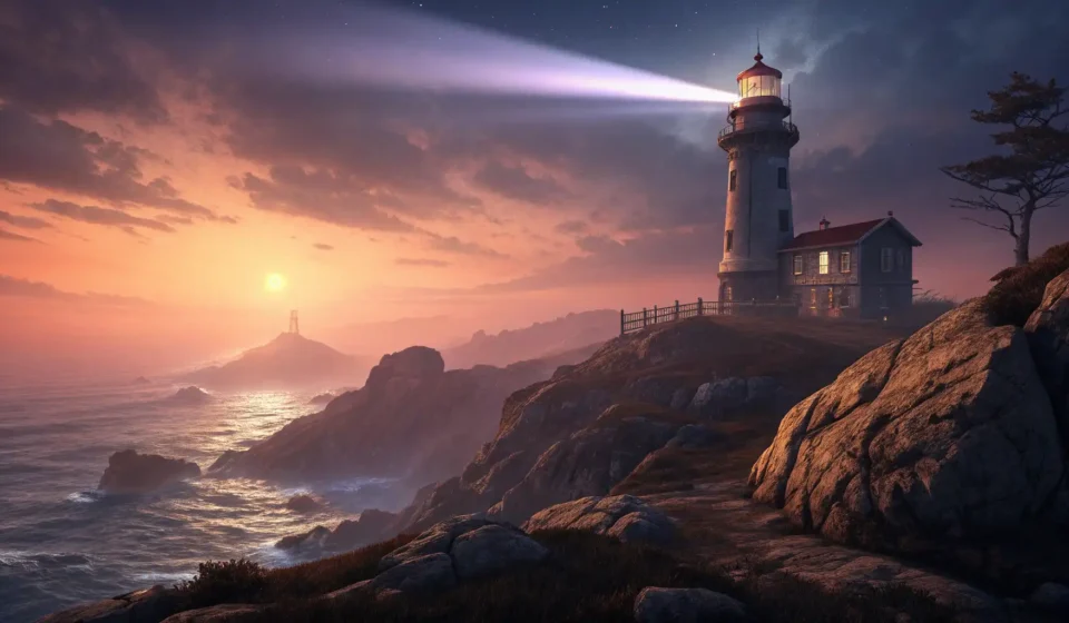 How to Say “A sentient fog debating a lighthouse keeper about glowing with misty charm” in Korean Stylized illustration of a lighthouse beam cutting through thick, glowing fog at twilight, symbolizi...