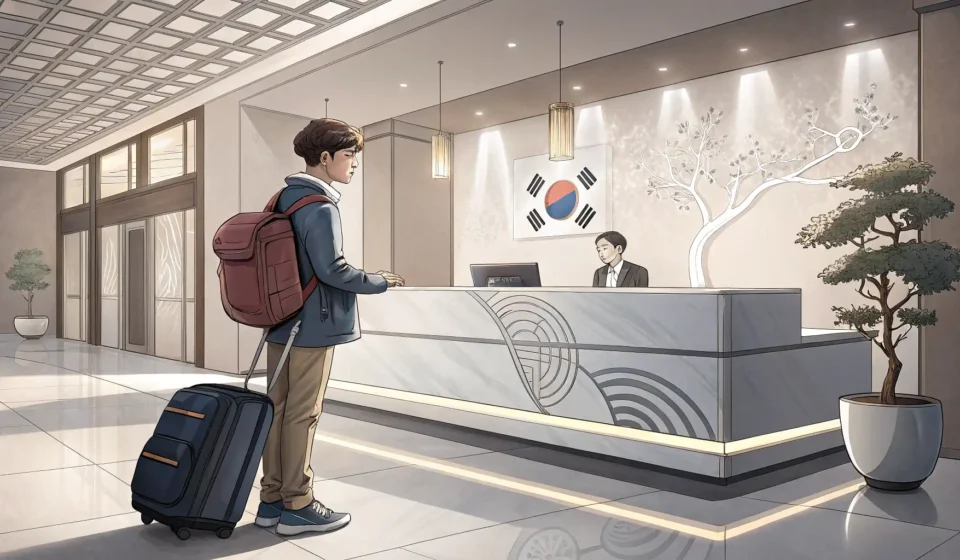 How to Complain About Accommodation Issues in Korean Illustration of a traveler looking concerned at a Korean hotel reception desk, symbolizing how to co...