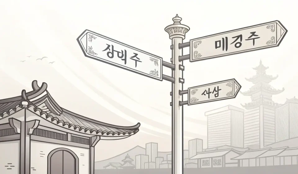 Understanding the Korean Address System Stylized illustration of blank Korean street signs at an intersection, symbolizing navigation and un...
