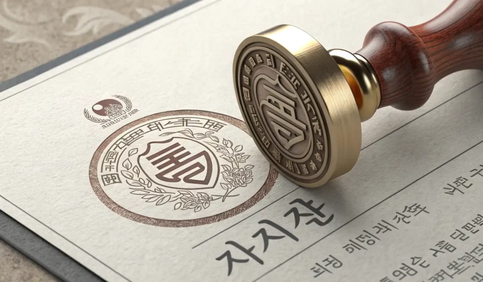 How to Say Advance Payment Guarantee in Korean A traditional Korean seal (dojang) stamping a document, representing the concept of guarantees and f...