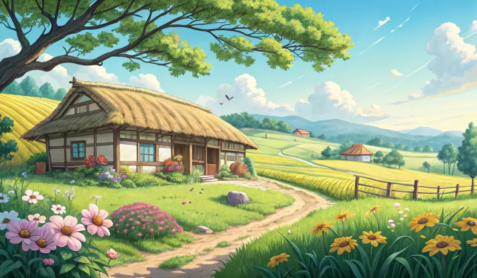 Understanding Agritourism Business in Korean Illustration of a picturesque Korean agritourism farm (Gwan-gwang-nong-won) bathed in sunlight, show...